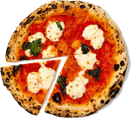 A woodfired margherita pizza, cut into slices