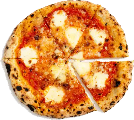 A woodfired cheese pizza, cut into slices